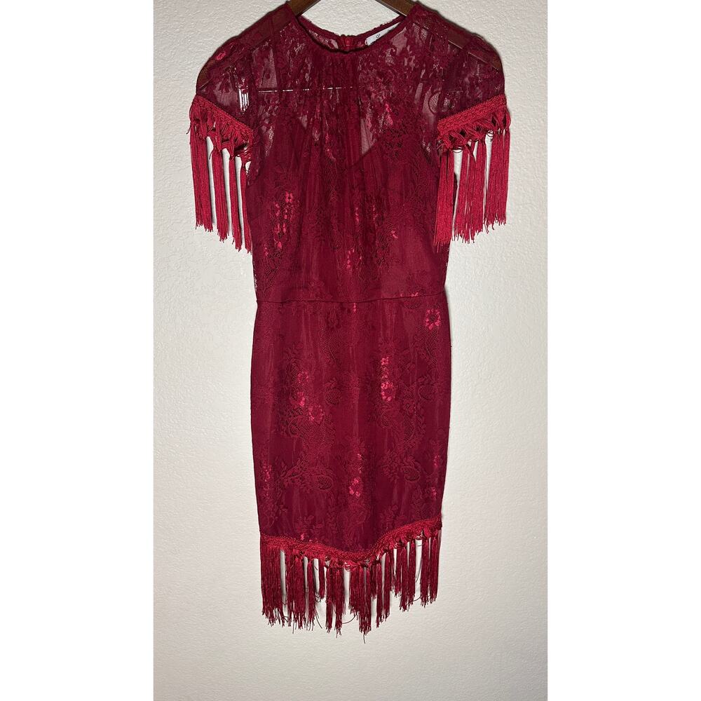 Lucy Wang Burgundy "Heartache Tonight" Lace Fringe Mini Dress Size M